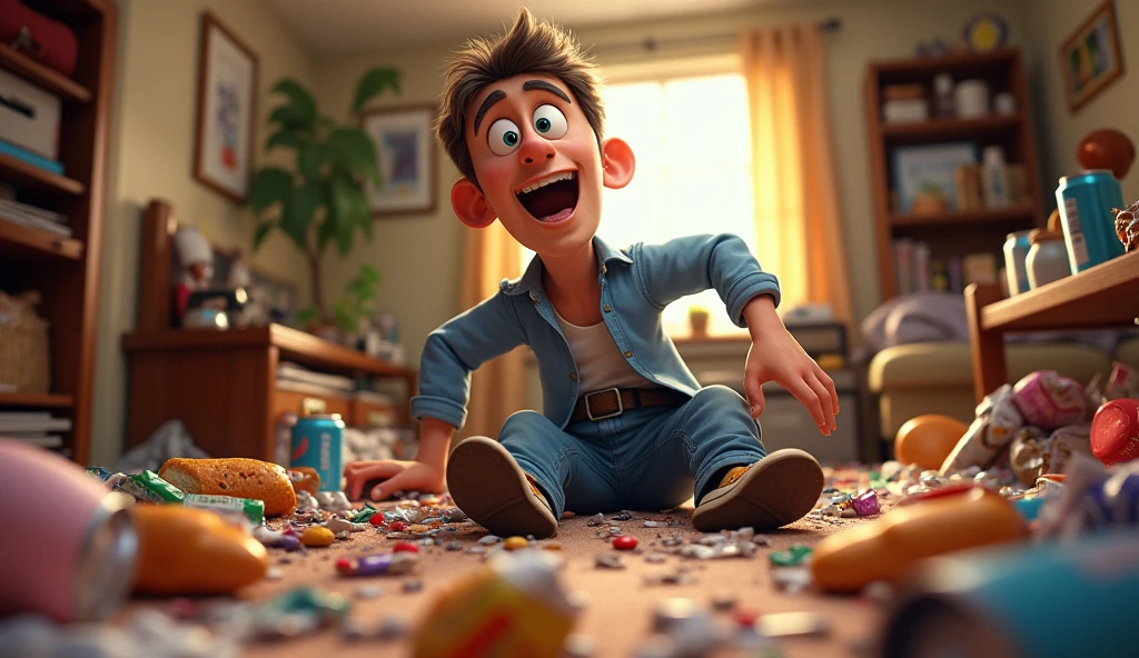 Im Stil von Pixar 3D-Animation filmen (Caricature). A man&#39;s messy room. There are clothes, Beverage cans, Leftover food and packaging waste.