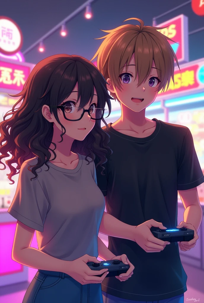 Two friends at an arcade,anime style,one girl with dark brown and curly long hair that wears glasses and one masculine boy with light brown hair and wears a tight black tshirt, playing a game