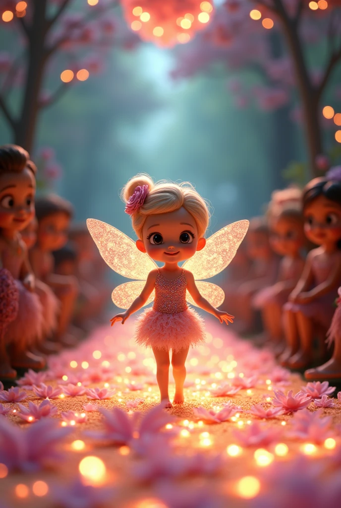 Create a disney pixar 3d poster, "Create a delightful scene of a fairy modeling in a magical fashion show. The tiny fairy is adorned in an intricate, sparkly outfit made of delicate flowers and shimmering fabrics. The runway is a glowing, flower-strewn path with soft, enchanted lights highlighting the fairy’s outfit. Spectators, including other fairies and magical creatures, watch with admiration from the sidelines. The background features a fantastical forest setting, adding to the whimsical and charming atmosphere of the show." Create a photo of 2:3 aspect ratio
