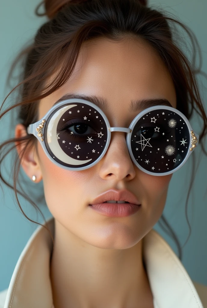 The model is wearing glass sunglasses with stars and the moon on the glass