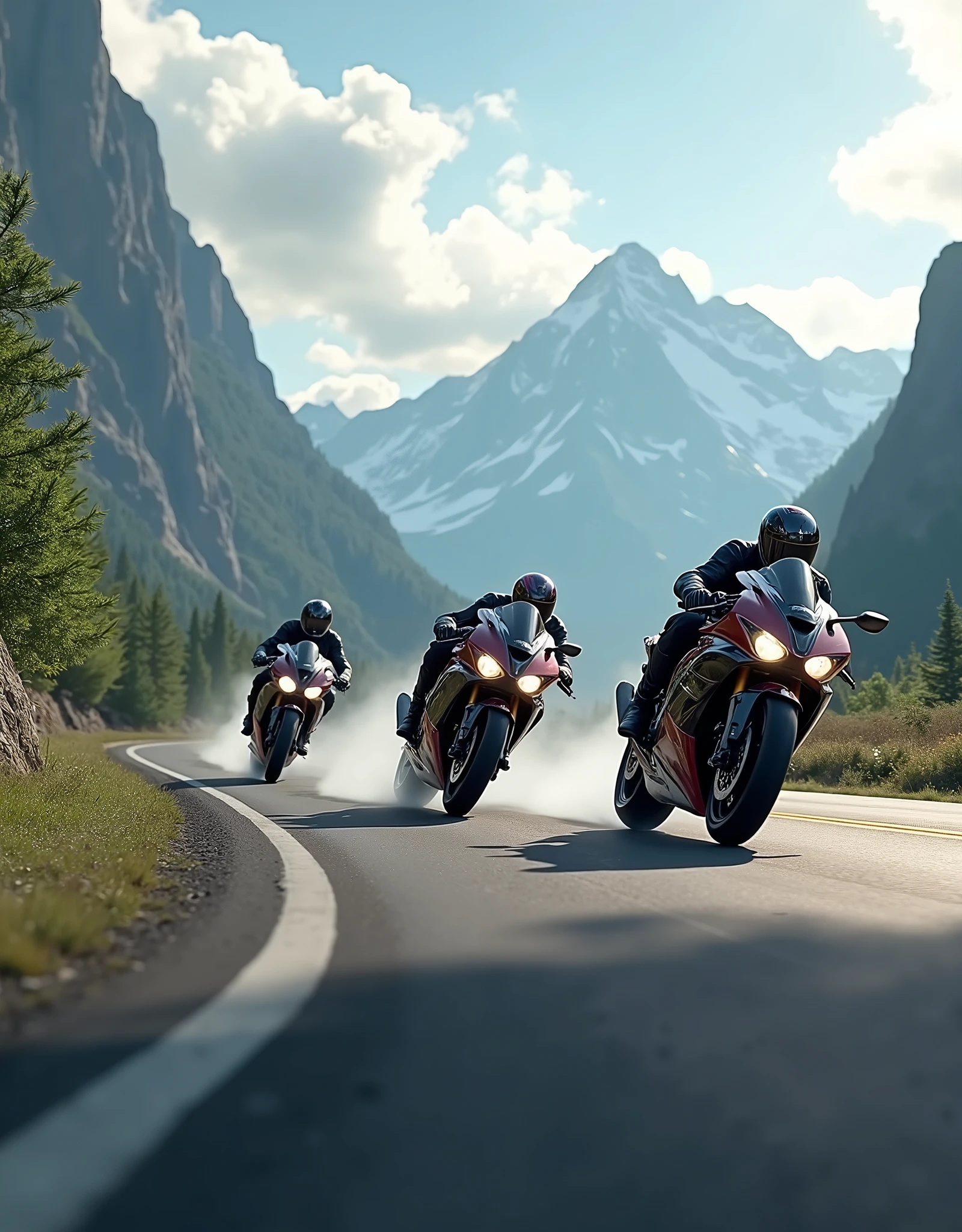 Three R6 riders streak across the winding asphalt, their sleek motorcycles leaving trails of smoke as they hurtle towards the rugged mountain range in the distance. The matte painting-style backdrop features towering peaks, lush green forests, and wispy cloud formations. Sunlight casts long shadows on the road, illuminating the motorcyclists' helmets and jackets as they bank into a turn, their tires screeching in perfect harmony., retina, accurate, masterpiece, super detail, high details, best quality, award winning, highres, HD, 4K, 8k, 16k, retina, accurate, masterpiece, anatomically correct, textured skin, super detail, high quality, award winning, highres, 8k, 16k