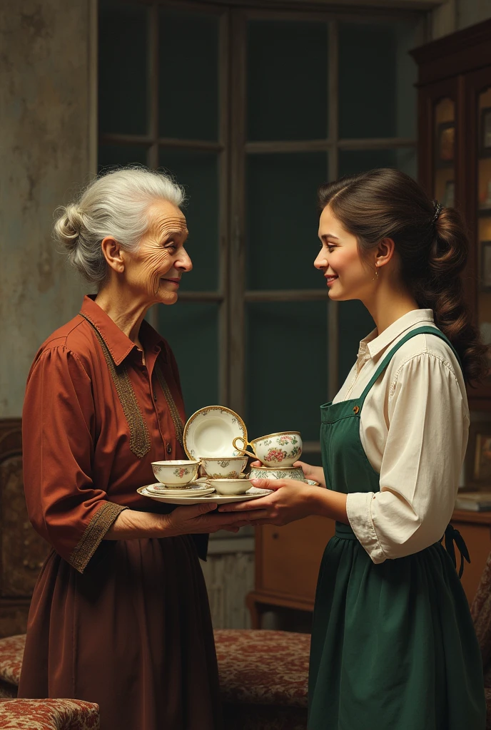 A lady giving antique crockery to another lady with a hopeful face to another lady