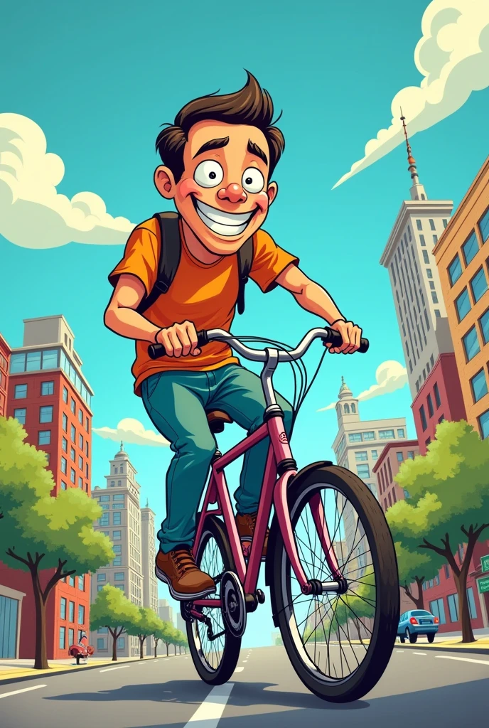 A cartoonist AI image of a man who is sit on a cycle on a cycle with the background of city
