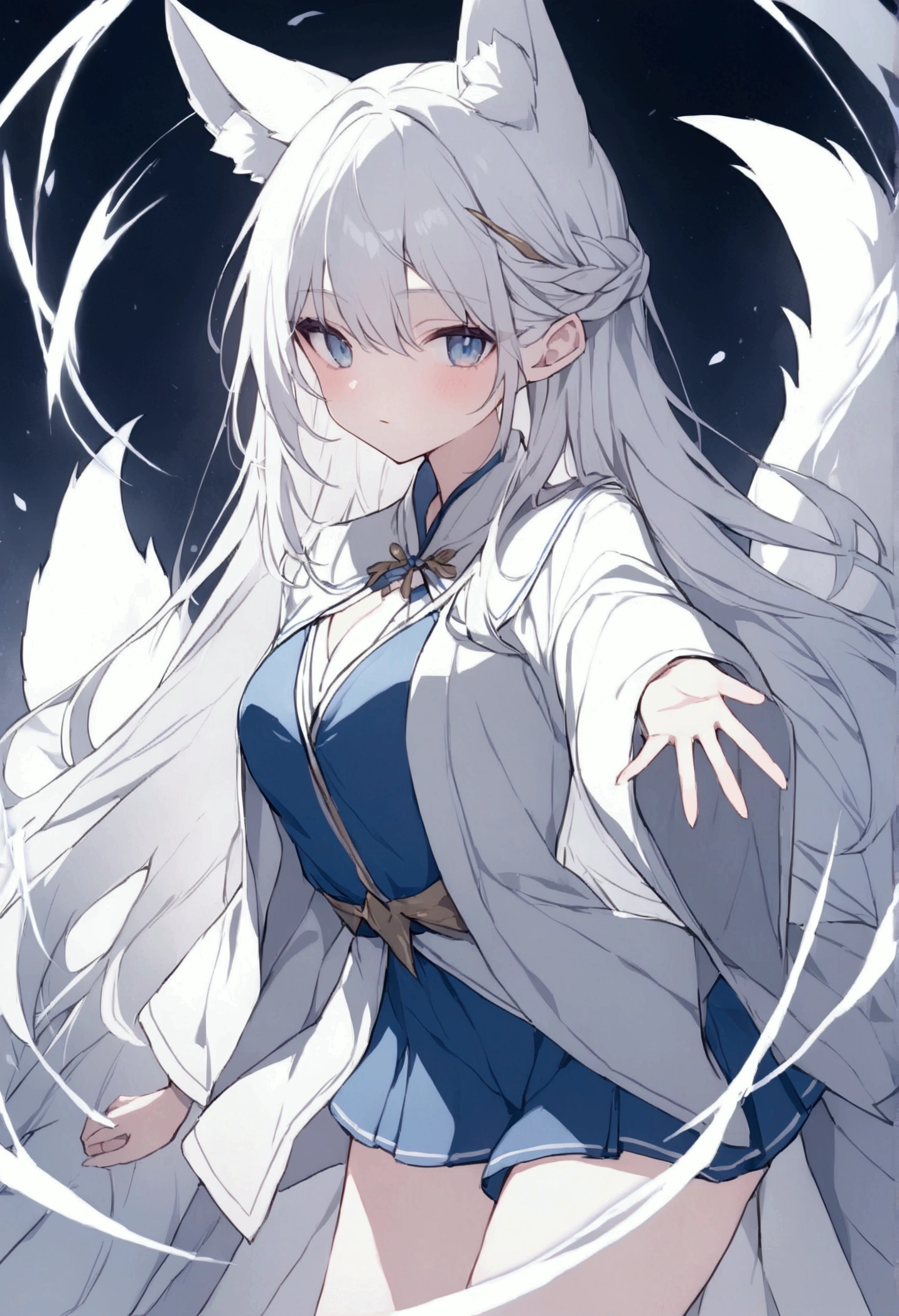 A girl  with a white long hair wear a blue short kimono with a white kitsune ears and white kitsune tail have a blue eyes is a prophet magician