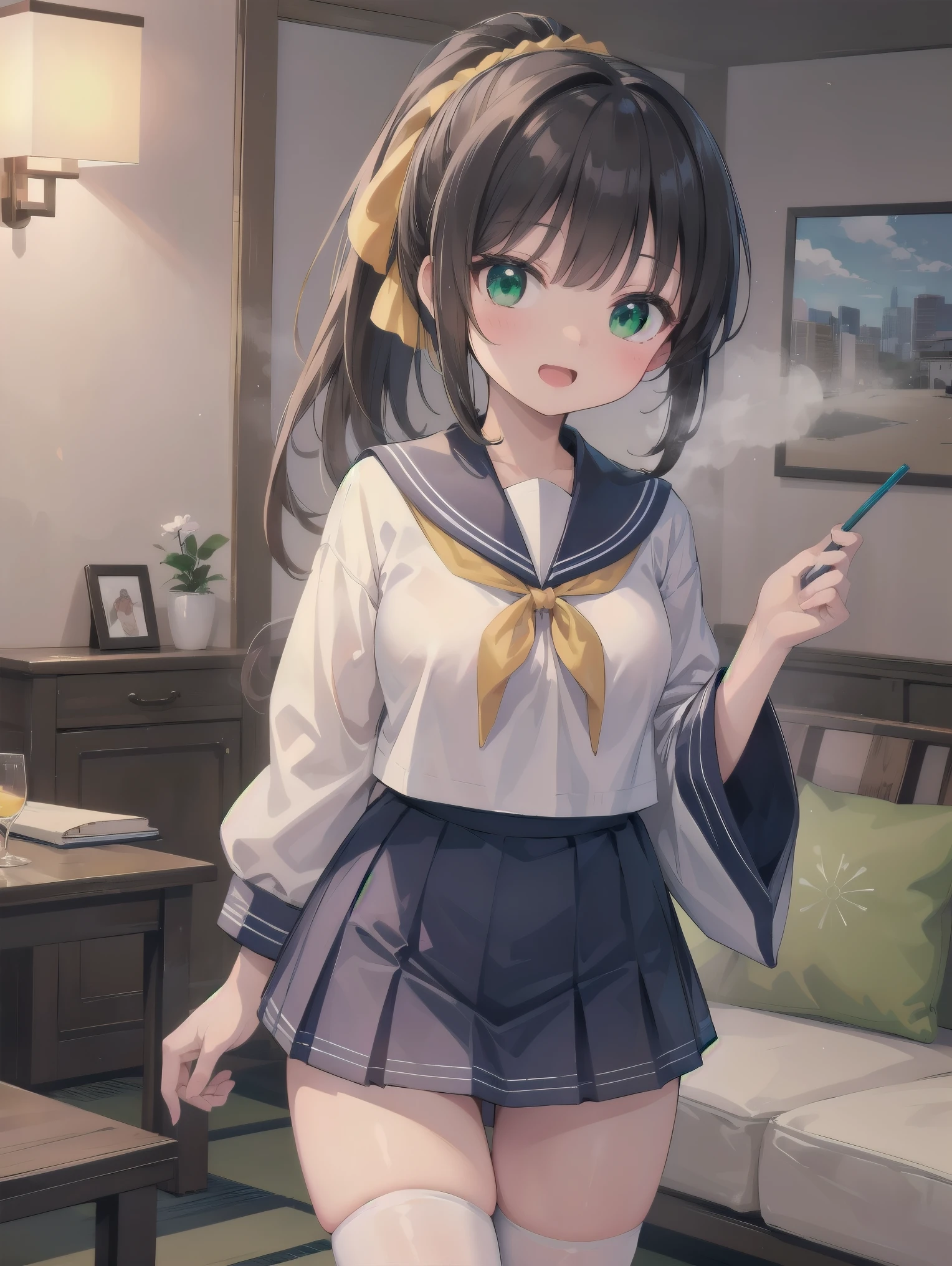 masterpiece, figure, Very detailed, cute, one person&#39;s, alone, Slender, Japanese, Scrunchie, ribbon, Neck, ponytail, 露出度が低い服装でcuteポーズ, (Green Sailor Suit, Two golden lines), large gold ribbon, Pliss Skirt, Thigh-high stockings, Long sleeve, White innerwear for sailor uniform, living room, Mouth open, Smiling, Cowgirl Shot, software, Dynamic Angle、Character close-up、(building, city、A dense fog of fluorescent particles、１８００device、Japanese style、fiction、growing up、overwhelming、As detailed）、美しい背景と超cuteポーズをした美しい
