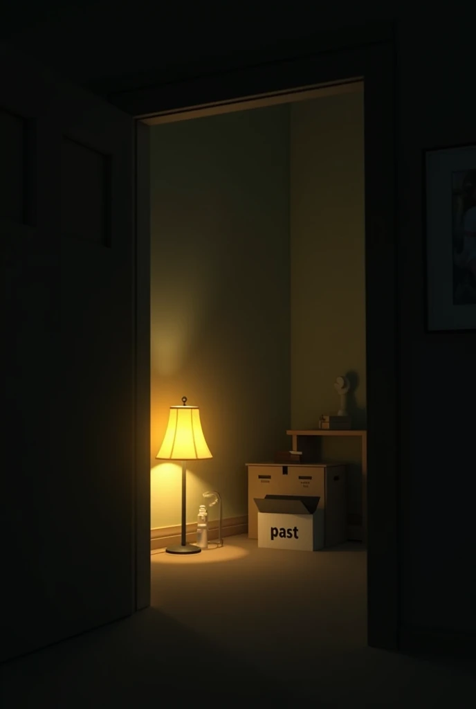 An image with a cinematic full shot where there is a lamp that illuminates one part of a room and the other part of the room is dark, the person is in the light part and does not look back. , There is also a box that says past in the dark part of the room. The room is almost empty but the lamp has a yellow light.