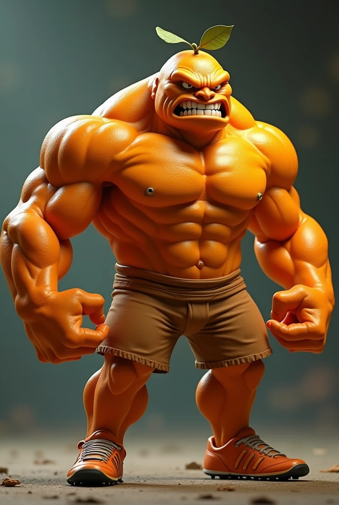 an angry-looking orange  with muscular arms and legs, with cleats on her feet