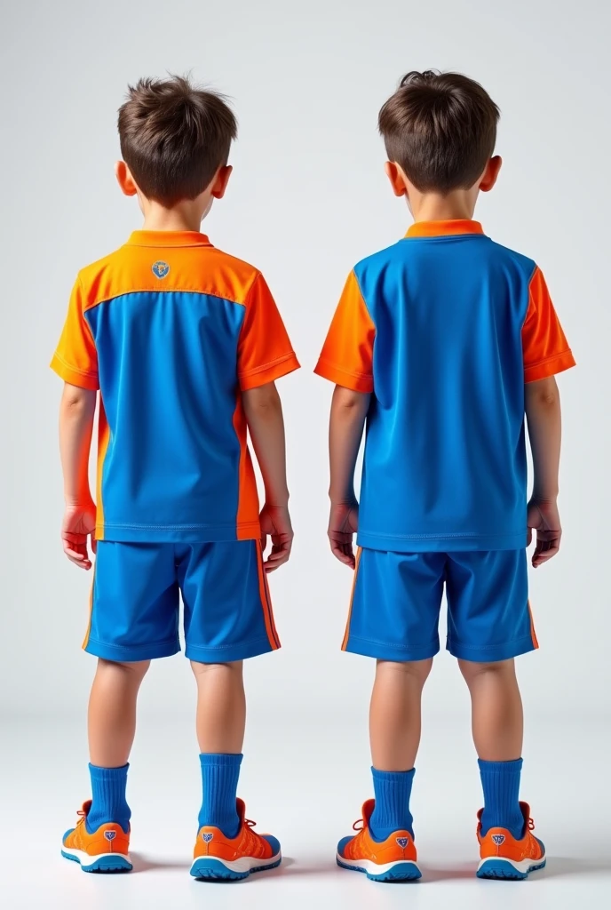 According to the models of primary school sports equipment for children, create a sports uniform with the colors blue and orange. front and back view