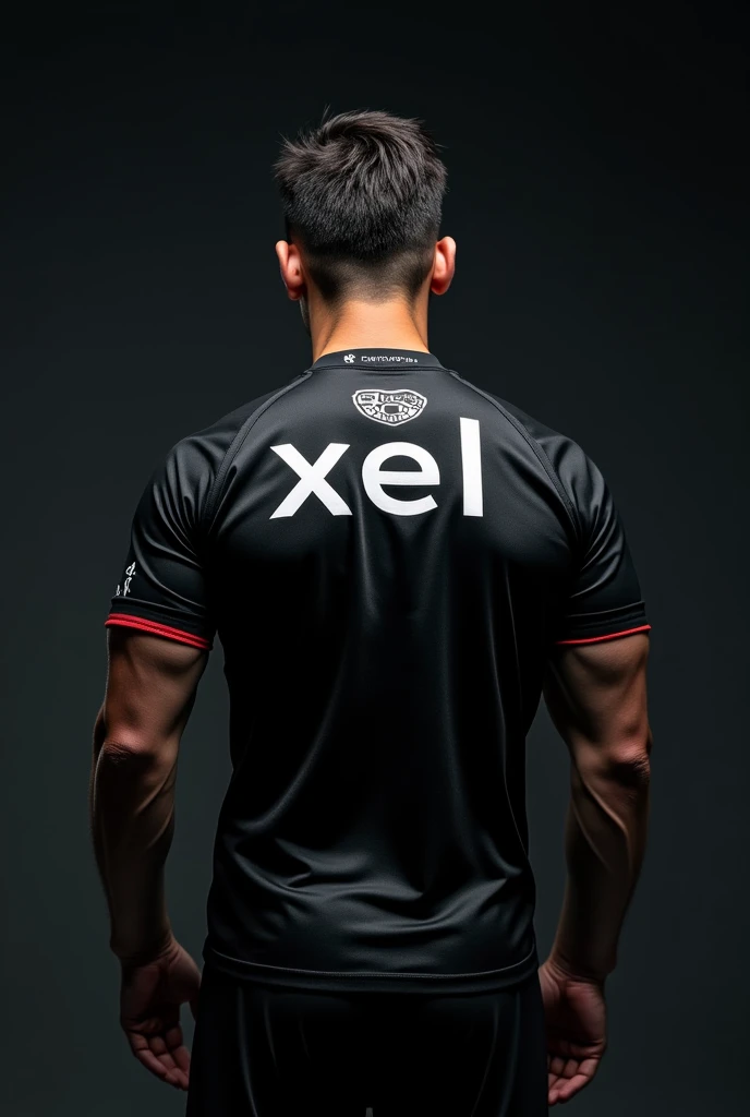 a very  close back shot of a guy without head wearing a black eSports jersey with sponsorships and with "XEL" written on the back with black background and a side pose, (don't show the head of the person)