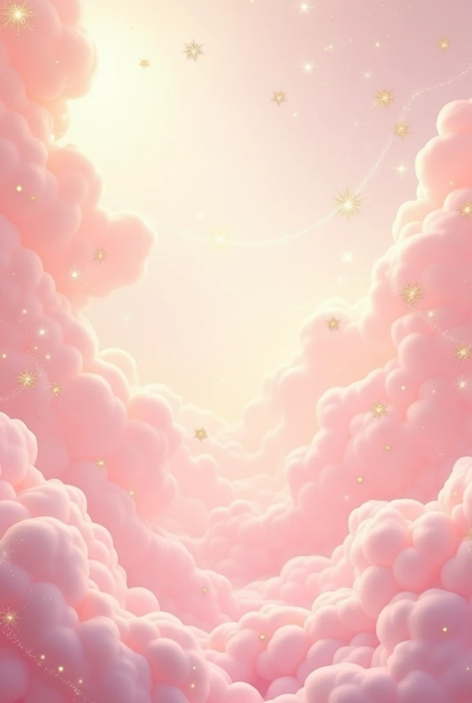 Create a light pink gradient background, with fantasy theme, with gold stars and swirling patterns, the background should resemble the real appearance, Predominantly pink with intricate shiny gold embellishments with rich, heavenly patterns. The overall aesthetic should be magical and majestic., making the background look like a background of a fantasy realm.