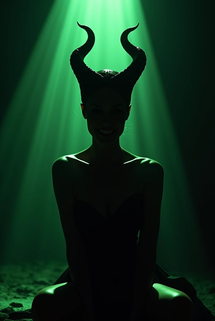 A stunning silhouette portrait of Maleficent, young and beautiful, hyper realistic, real portrait, backlit, exquisite features, cleavage, sexy, seductive, unnatural light, soft light, location is the interior of a dungeon, green light, eerie, purple highlights:1.4, she is smirking, she is busty, her chin is raised, looking down at viewer, low angle shot, h her body is nude, naked and powerful, visible breasts, visible nipples, she is squatting