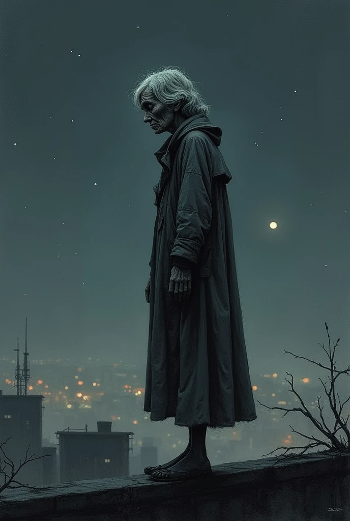 A thin old woman on a rooftop at night in a drawing 
