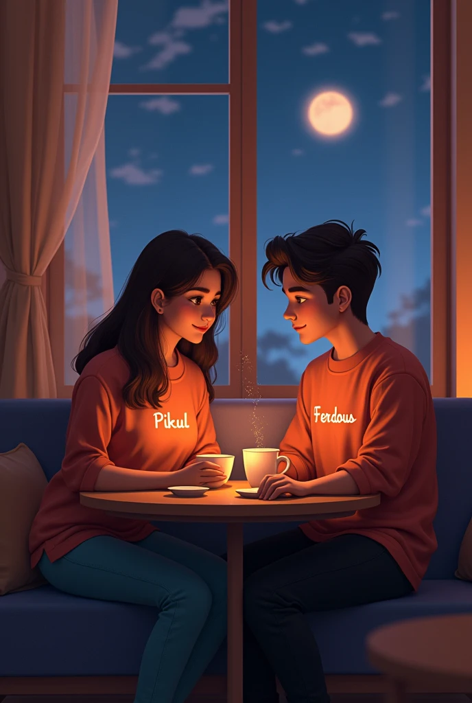Pikul and Ferdous seating together and they are drinking tea in Night and Pikuls shirt name is Pikul and Ferdous shirt name is Ferdous.
showing the shirt name. Pikul is male and Ferdous is female