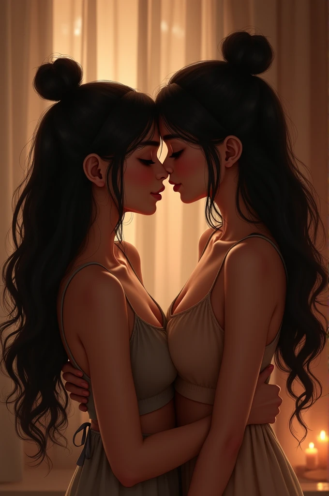 Create a image of a 2 indian girl in a room long black silky hair in bun style her 2 boyfriend kissing her neck from back