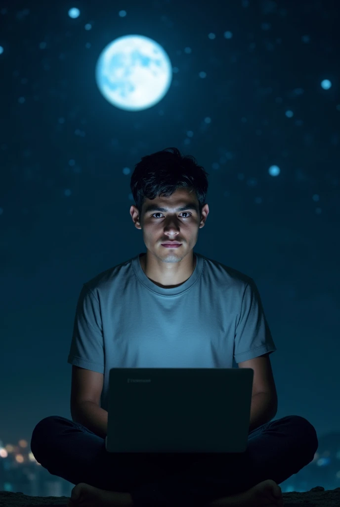 young man in space with a laptop and the moon in the background image for branding