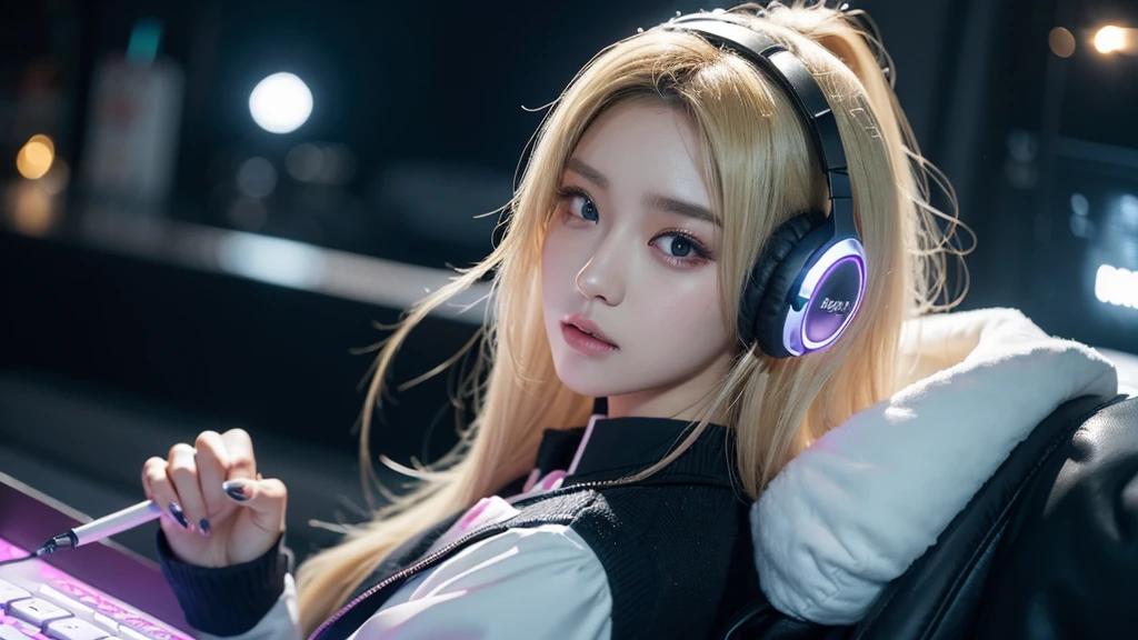 k-popアイドル、I have headphones on、Cool uniform outfit、Cyberpunk feel、Beauty、The whole body is reflected、Getting in the rhythm、Blonde、The headphones are illuminated