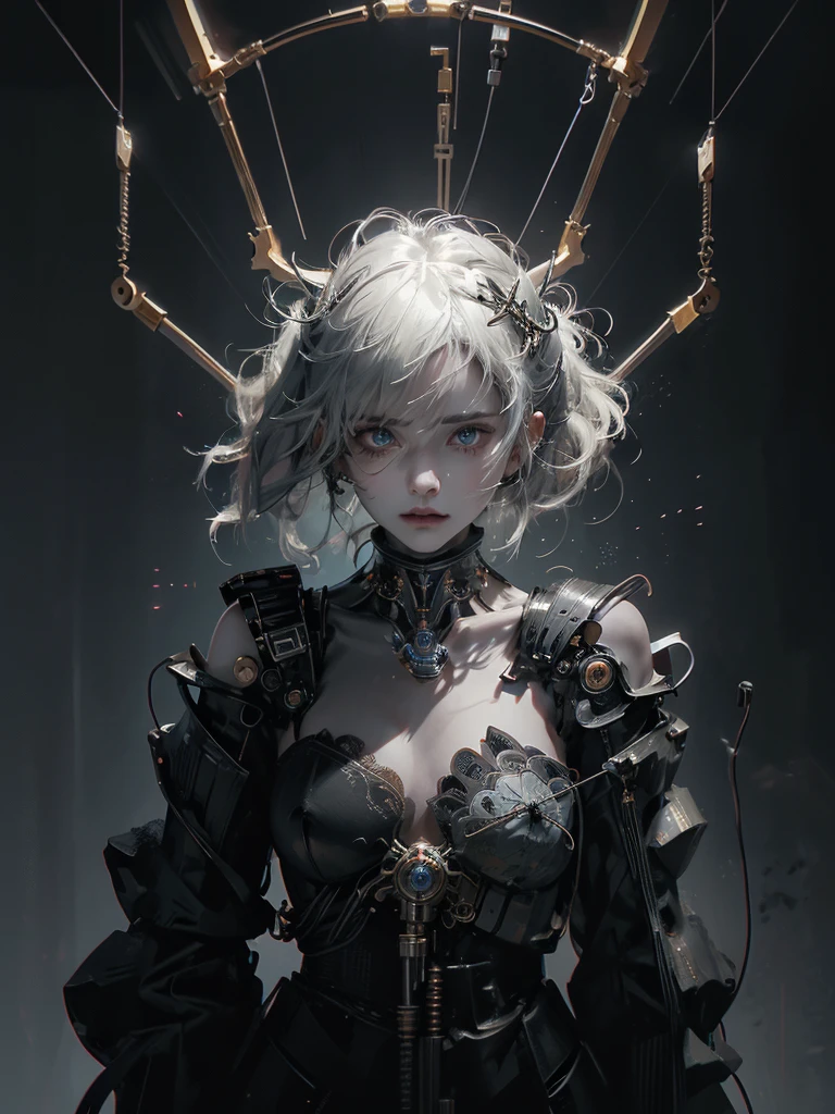 Wiring piping weapon background、Cyborg Robot、Wear、mechanical background、Wires from the cockpit、masterpiece、Cute female mechanical limbs, Tubes connected to machine parts, Mechanical vertebrae attached to the spine, Mechanical cervical attachment to the neck, Wires and cables connected to the head, Evangelion, ghost in the Shell, Global Illumination, Deep Shadow, Octane Rendering, 8k, Ultra Sharp, Metal, Intricate decorative details, Baroque details, Very intricate details, Ultimate Weapon、shoulder machinery　Shoumai Machinery、Arm Machine、Half Face Robot