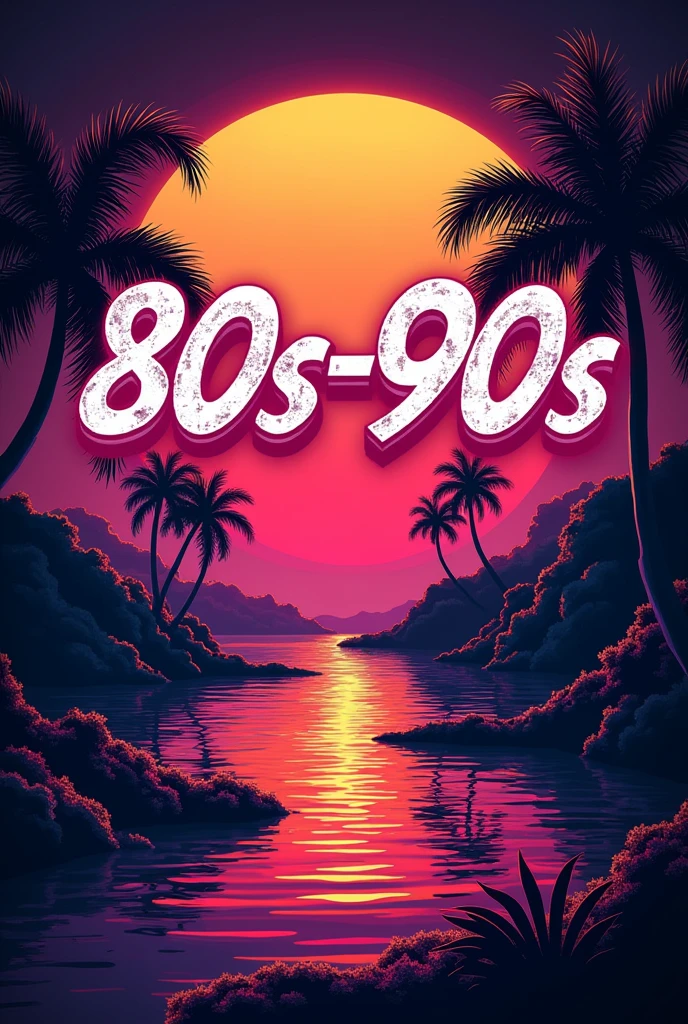 "A t-shirt design showcasing a bright, glowing sunset with neon-colored geometric shapes. The text '80s-90s' is prominently displayed in a retro font, and the design has a vintage, worn look."