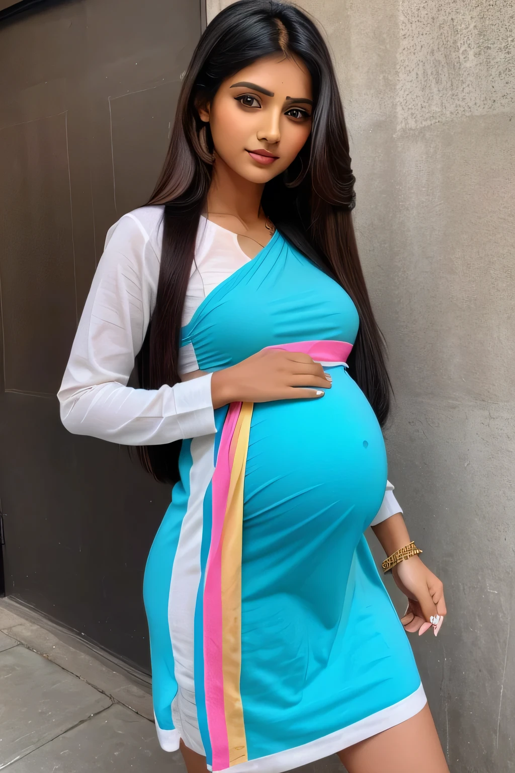 12 years cute stylish beautiful Indian super bowl hot girl with beautiful cute face with pregnant with different stylish long hair with stylish modern mixed colours and Trending stickers with stunning dress with his cute little cute baby with full size hot pic