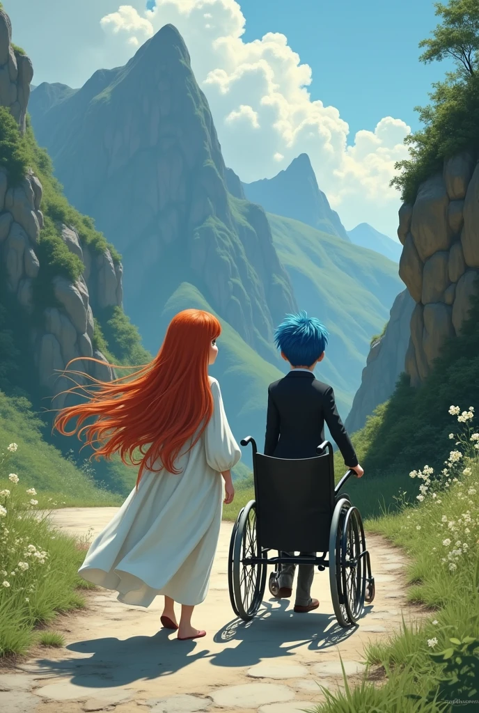 Background mountain road,Red long hair,White robe,girl,A hand truck,A boy pushing a wheelchair with one hand,Boy with blue hair,Golden wire eyes,Black suit
