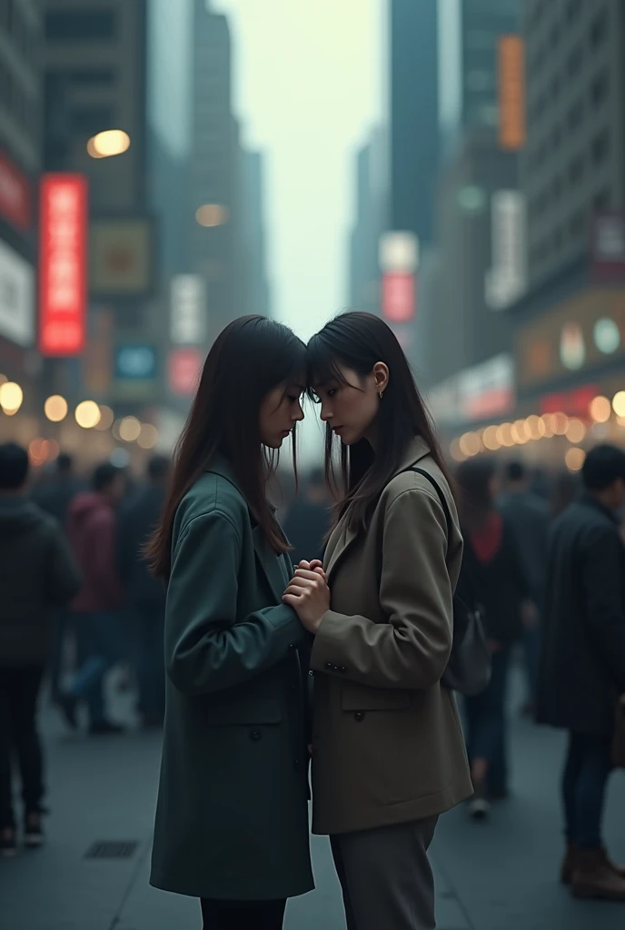Two women lonely in the crowd