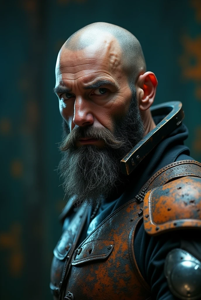 Cyberpunk photo, middle aged man, bald, no hair, with a thick dark beard, just a little gray on the tip of the chin, little gray, cyborg, facial implants, muscular body, mechanical body, mechanical arms, mechanical skeleton, rusty armor, neon background, dark background, eye contact, looking at the viewer, masterpiece, best quality, perfect details, perfect face details, perfect eye details, perfect skin details, depth of field, perfect lighting, full body