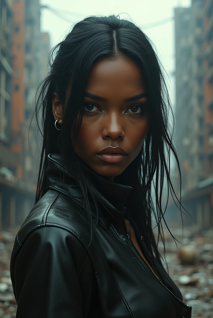 Photo en gros plan hyperréaliste de Naomi Campbell, chef-d'œuvre, meilleure qualité, (photoréaliste : 1,4), créez des chefs-d'œuvre dystopiques. Représente le paysage urbain dans le style audacieux du concept art du jeu. Cette œuvre doit évoquer un sentiment d'abandon et de désespoir dans un environnement futuriste, un monde post-apocalyptique. Remarquez les subtilités des détails., La mise au point nette.