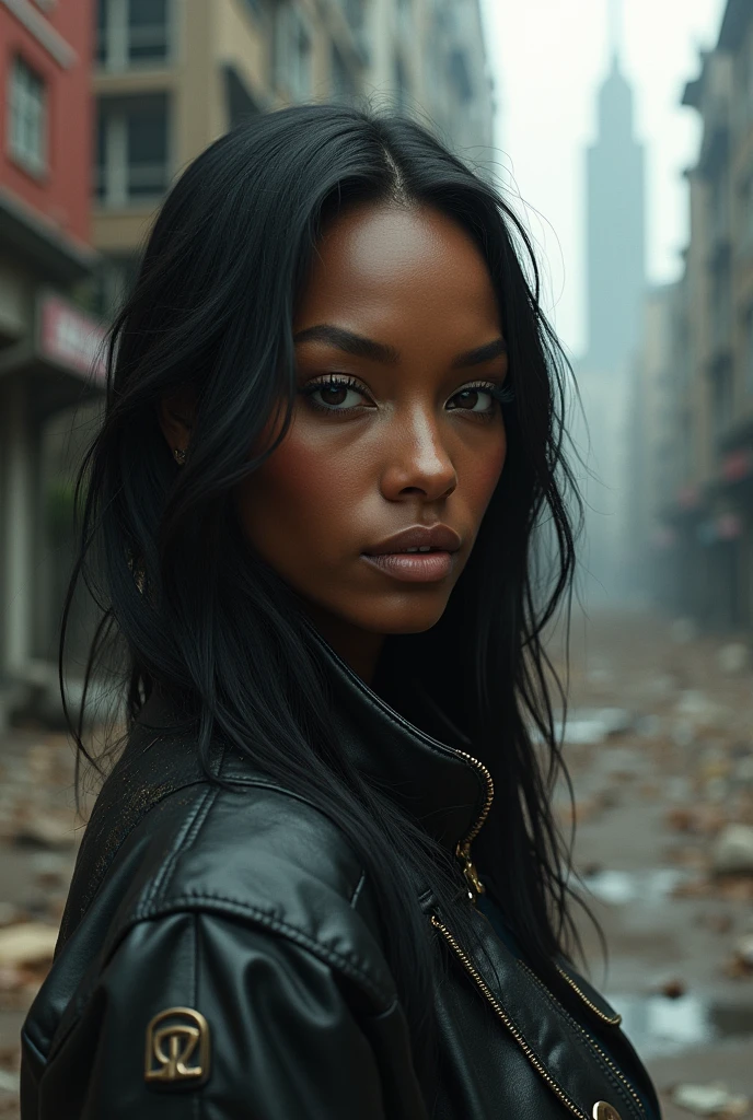 Photo en gros plan hyperréaliste de Naomi Campbell, chef-d'œuvre, meilleure qualité, (photoréaliste : 1,4), créez des chefs-d'œuvre dystopiques. Représente le paysage urbain dans le style audacieux du concept art du jeu. Cette œuvre doit évoquer un sentiment d'abandon et de désespoir dans un environnement futuriste, un monde post-apocalyptique. Remarquez les subtilités des détails., La mise au point nette.