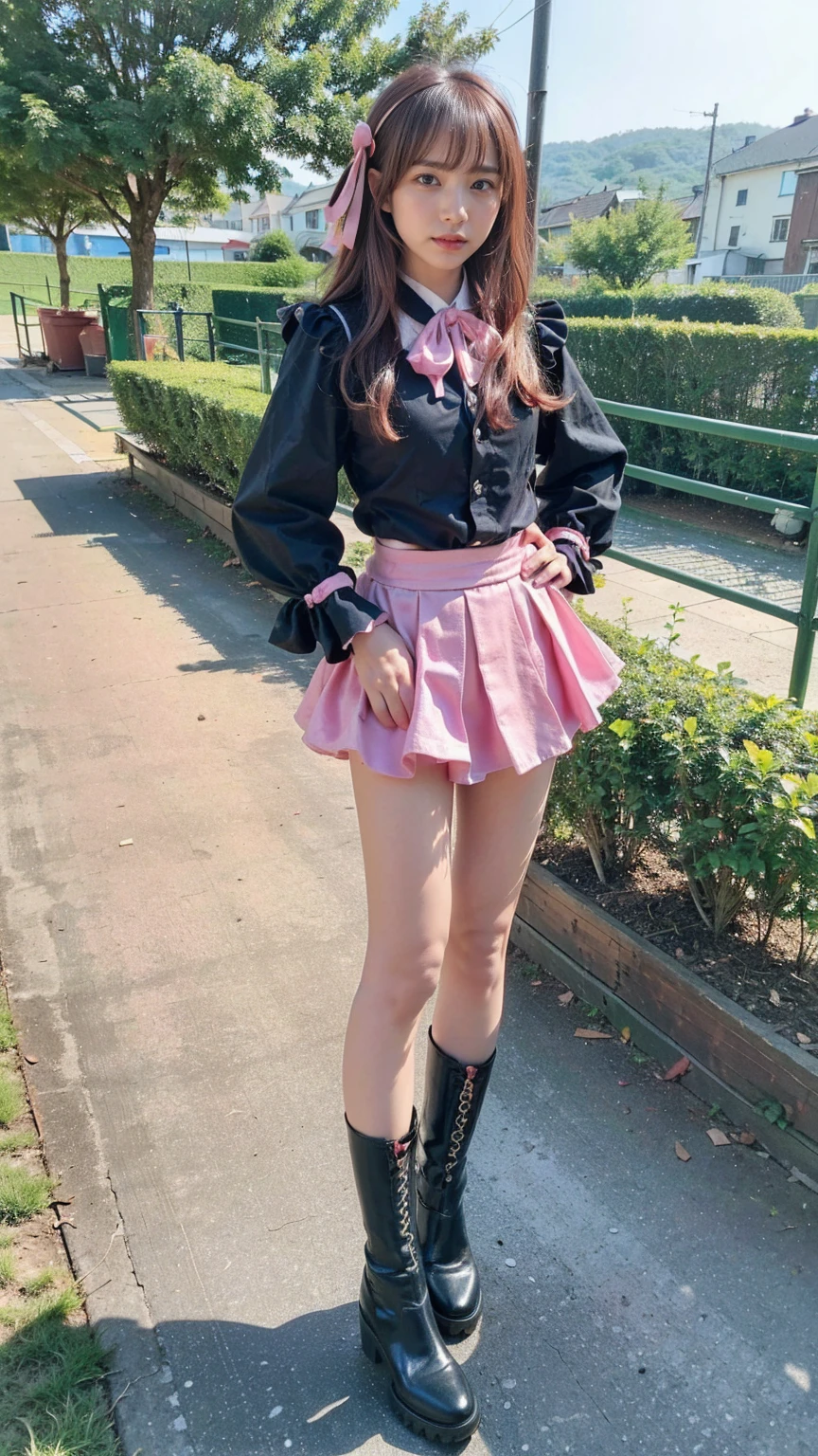 (8k、RAW Photos、Highest quality、masterpiece:1.2)、(Realistic、Realistic)、1 person、((Black and Pink、Sequins、garden、ribbon、Frills、mini skirt、Thin legs、whole body、boots、View from the front、Looking into the camera、Stand with hands on hips))、cute