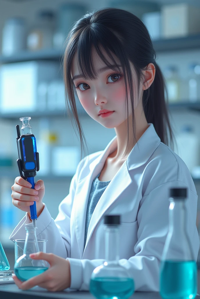 A girl in a white coat, Doing a chemistry experiment in the lab,Hold a pipette gun in your right hand,Hold a 10ml centrifuge tube in your left hand