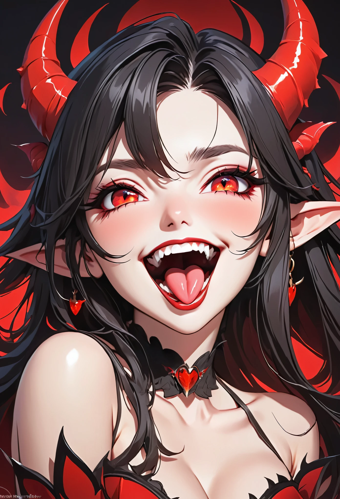 Tierhörner, fang, pointy ears, tongue out, open mouth, very long hair, red eye, black hair, best quality, succubus, girl, cheeky grin