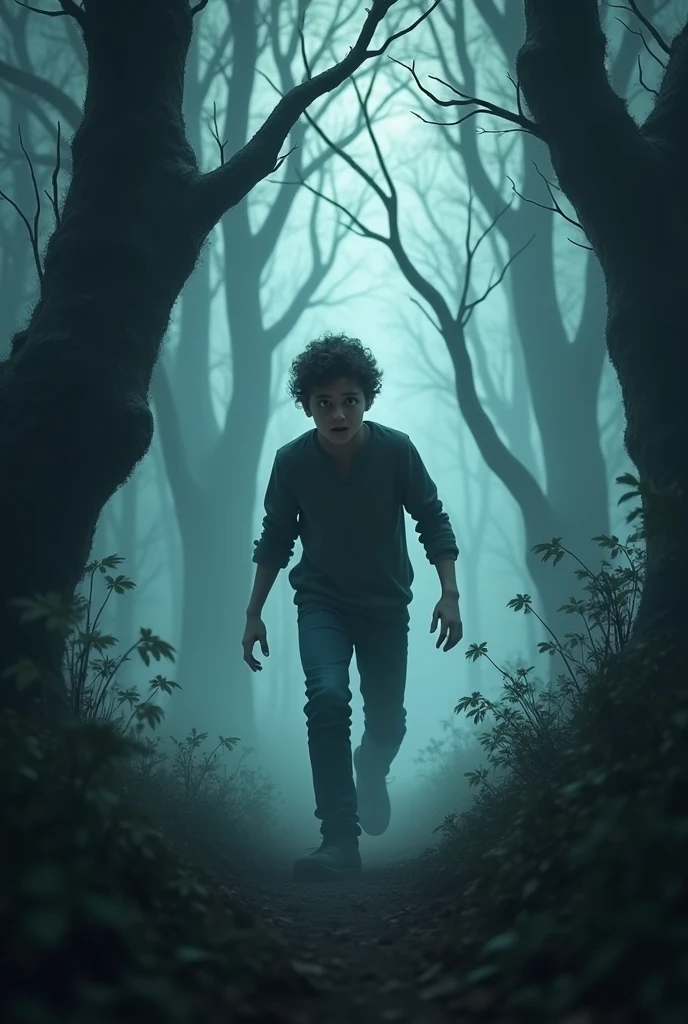 Young man with a scared facial expression in a spooky forest