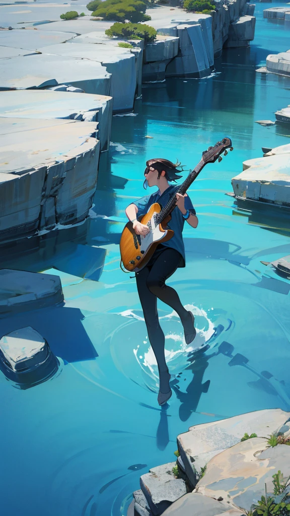 A casually dressed rock band plays music on the sea floor under a blue sky.