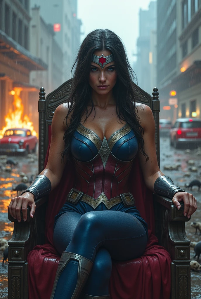 ((A beautiful woman under the mantle of the Amazon warrior Wonder Woman has long hair, black with a silver metal diaema this Diaema wears a red star on her forehead,His eyes are light blue. Her superheroine costume is samurai themed.. Usually (((Her costume includes a blue jumpsuit and a red armor top over her jumpsuit.)))sitting on a throne , rats and skulls, screaming, exhausted after an extensive battle, blood around her in a rainy apocalyptic city, cars and buildings on fire)))