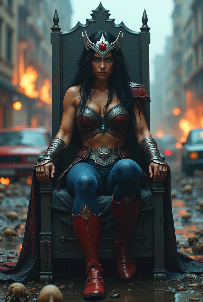 ((A beautiful woman under the mantle of the Amazon warrior Wonder Woman has long hair, black with a silver metal diaema this Diaema wears a red star on her forehead,His eyes are light blue. Her superheroine costume is samurai themed.. Usually (((Her costume includes a blue jumpsuit and a red armor top over her jumpsuit.)))sitting on a throne , rats and skulls, screaming, exhausted after an extensive battle, blood around her in a rainy apocalyptic city, cars and buildings on fire)))
