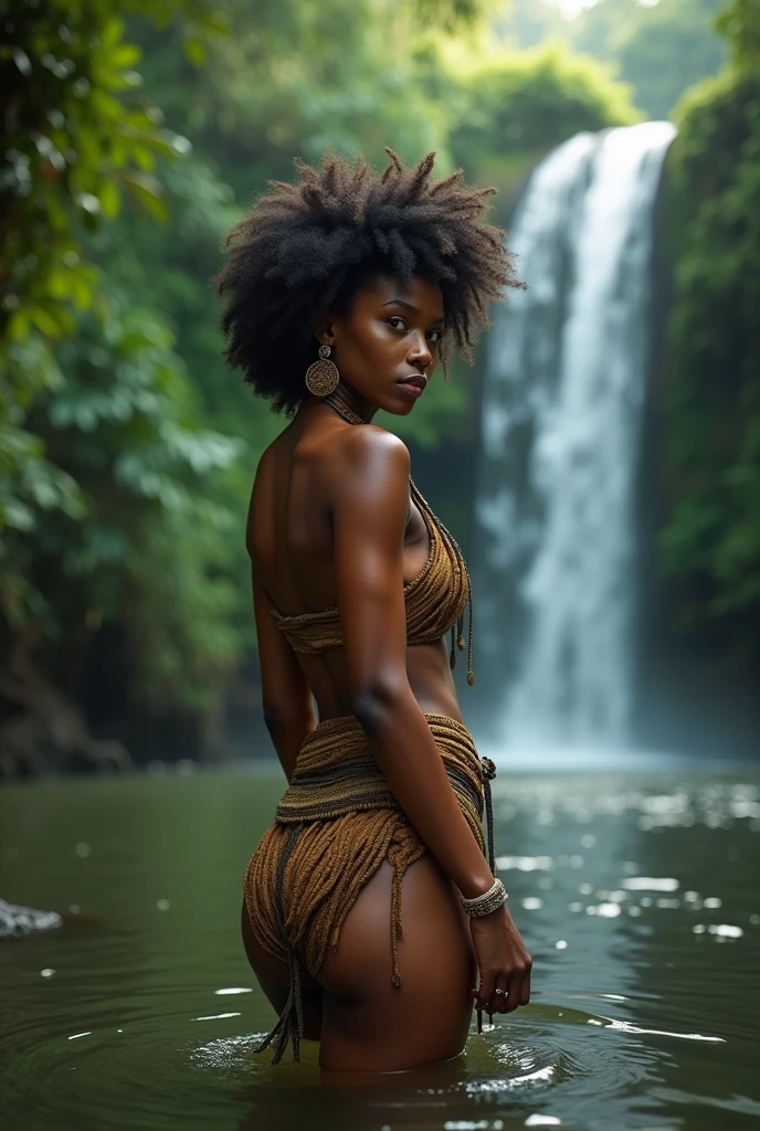 best quality, 4k, 8k, ultra high resolution (realistic, photorealistic, RAW photo:1.4) (hdr, sharp focus, cinematic effect: 1.2), intricate texture, skin imperfections, photograph of a beautiful woman with tanned skin, hair curly afro, 2, with her back to the viewer looking over her shoulder towards the camera, (standing with her back turned looking over her shoulder) (perfect face and body: 1.5), dressed in a typical tribal costume African, (costume poster African tribe: 1.2) she is inside a lake under a waterfall deep in the jungle (full body, perfect anatomy,) (humidity, wet body: 1.4) (waterfall: 1.3)