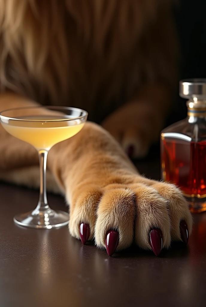 Elegant lioness paw with nails painted next to a sophisticated drink and a bottle