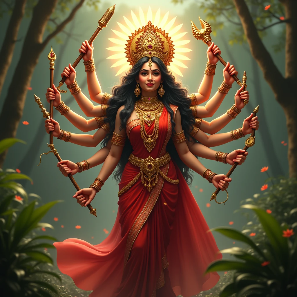 Indian goddess Durga with realistic in saree red and jewellery bengali *10* hands text durga text will be "DURGA"