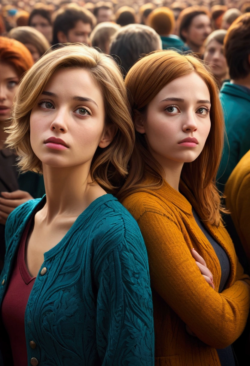 Two women lonely in the crowd
