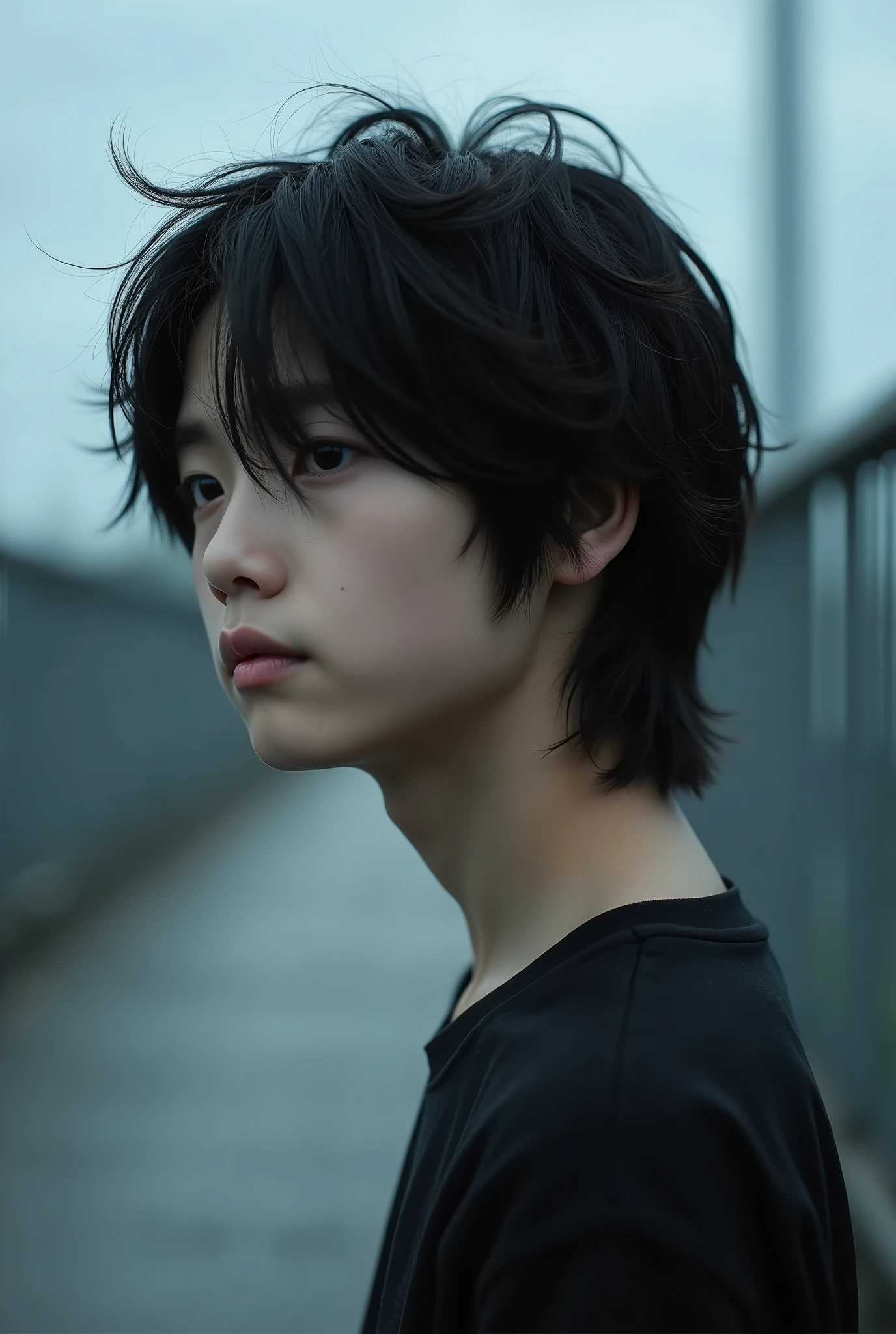 Boy with depression、Japanese、Long Hair、Black T-shirt、Ultra Close-Up、Close-up of face、Real、profile、Pedestrian bridge、Cloudy、Highest quality、Masterpiece