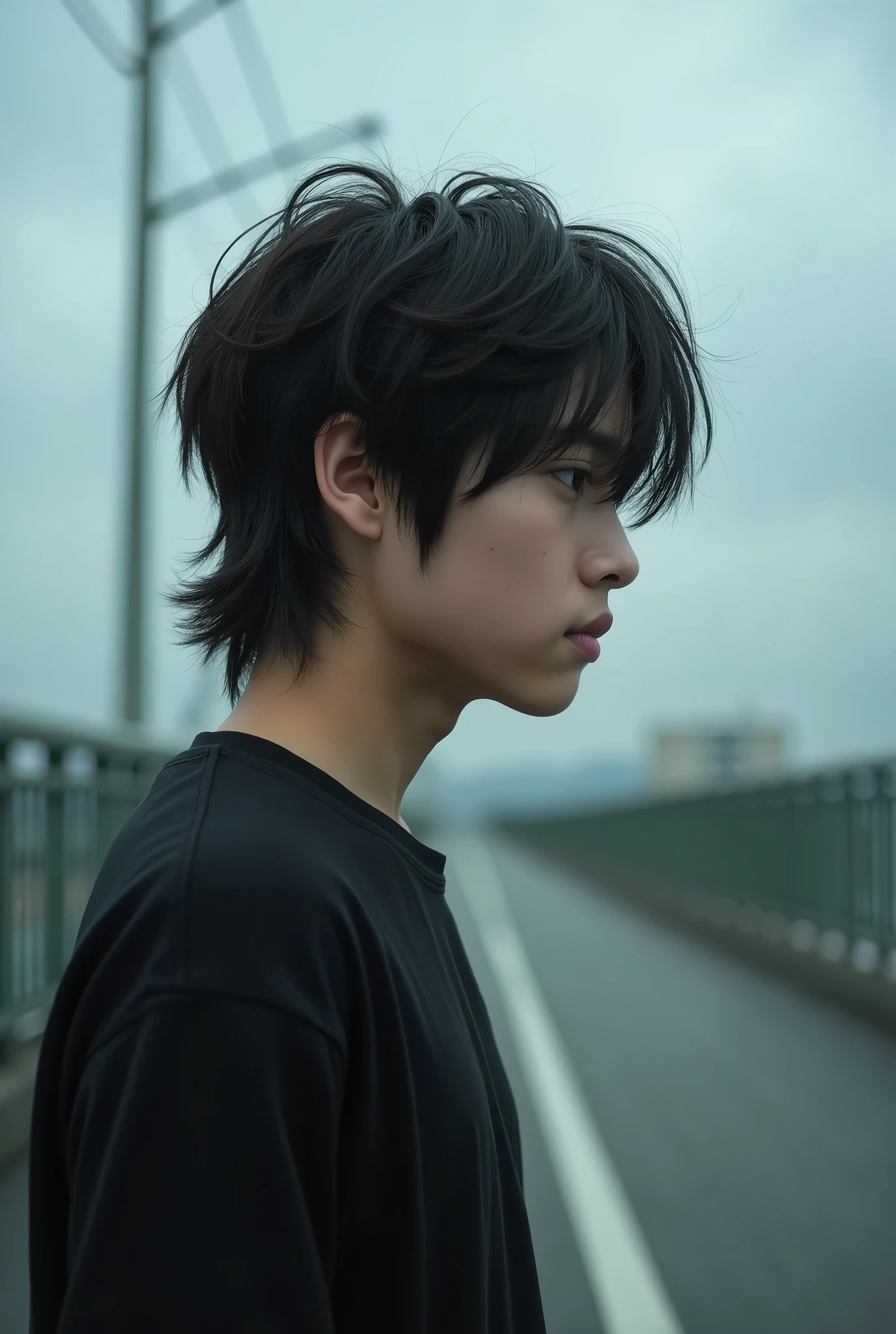 Boy with depression、Japanese、Long Hair、Black T-shirt、Ultra Close-Up、Close-up of face、Real、profile、Pedestrian bridge、Cloudy、Highest quality、Masterpiece