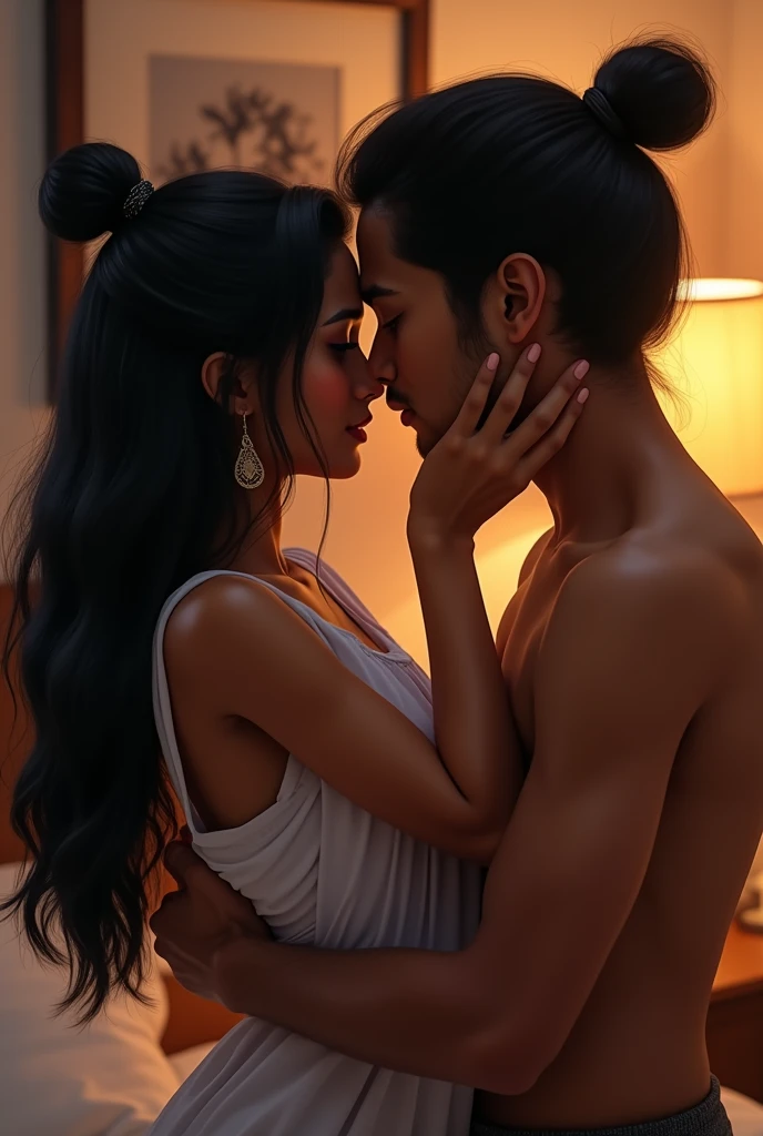 Create a image of a 2 indian girl in a room long black silky hair in bun style her 2 boyfriend kissing her neck from back