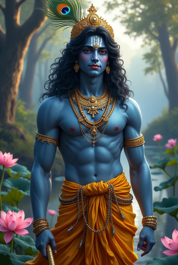 **Prompt:** "Create an image of Lord Krishna as a mature and handsome man, exuding wisdom and grace. His skin should have a deep, radiant blue hue, and his facial features should reflect maturity with a strong jawline, defined cheekbones, and kind, compassionate eyes. His hair should be long, wavy, and black, with streaks of silver to signify wisdom, adorned with a golden crown featuring peacock feathers. Krishna should wear a richly detailed golden dhoti and luxurious jewelry, including necklaces, armlets, and rings. He holds a flute elegantly in one hand, a symbol of his eternal love and divine music. The background should be a serene, twilight scene in Vrindavan, with the Yamuna River flowing gently, surrounded by blooming lotuses and ancient trees. The atmosphere should be both peaceful and majestic, capturing the timeless and mature beauty of Krishna."