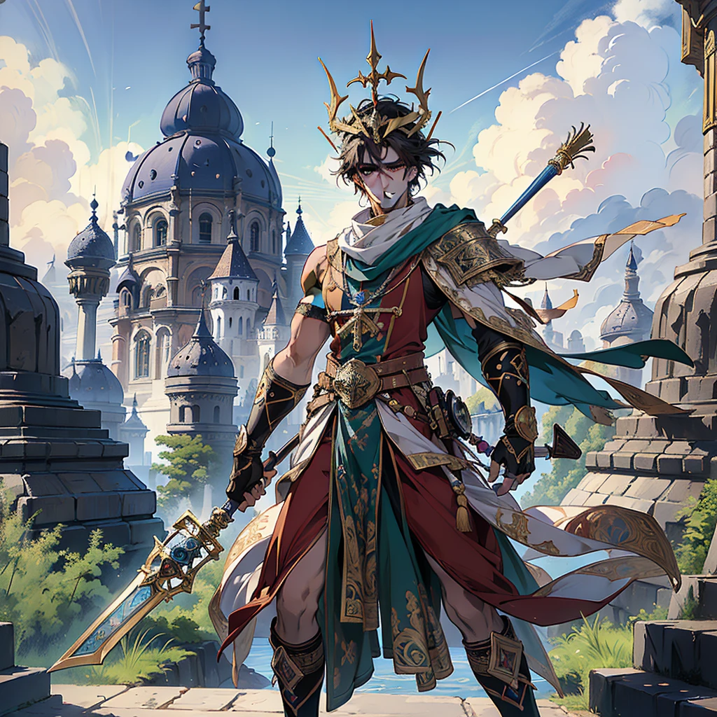 (absurdres, highres, ultra detailed), 1 male, adult, handsome, tall muscular, finely detailed eyes and detailed face, the hermit \tarot\, bard, clown, Symbolism, Visual art, Occult, Universal, Vision casting, Philosophical, Iconography, Numerology, Popularity, Artistic, Alfons Mucha