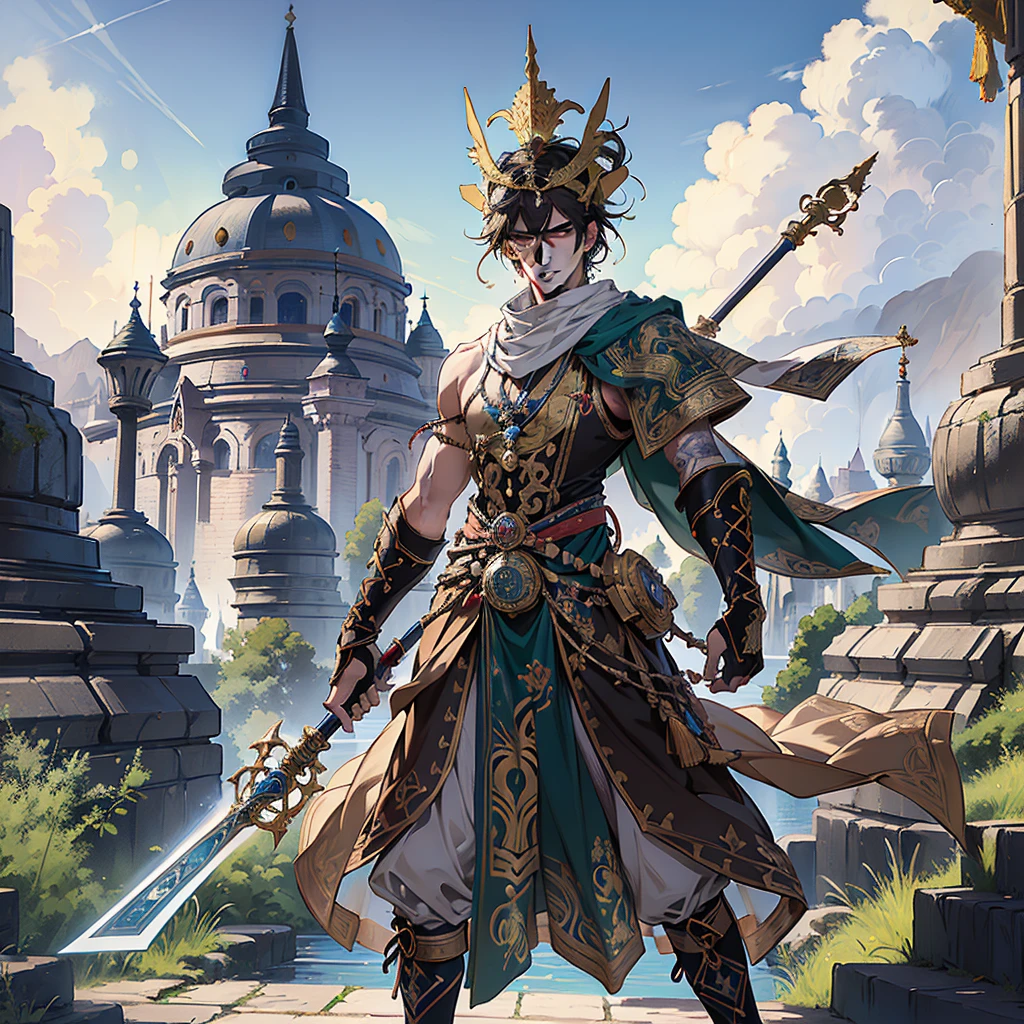 (absurdres, highres, ultra detailed), 1 male, adult, handsome, tall muscular, finely detailed eyes and detailed face, the hermit \tarot\, bard, clown, Symbolism, Visual art, Occult, Universal, Vision casting, Philosophical, Iconography, Numerology, Popularity, Artistic, Alfons Mucha