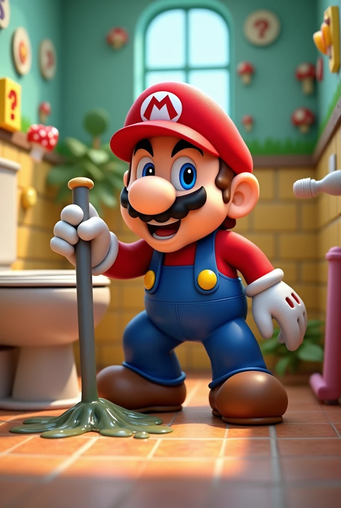 Mario character from Super Mario Bros smiling and cleaning up poop, is next to the toilet in a bathroom with a random Super Mario Bros theme