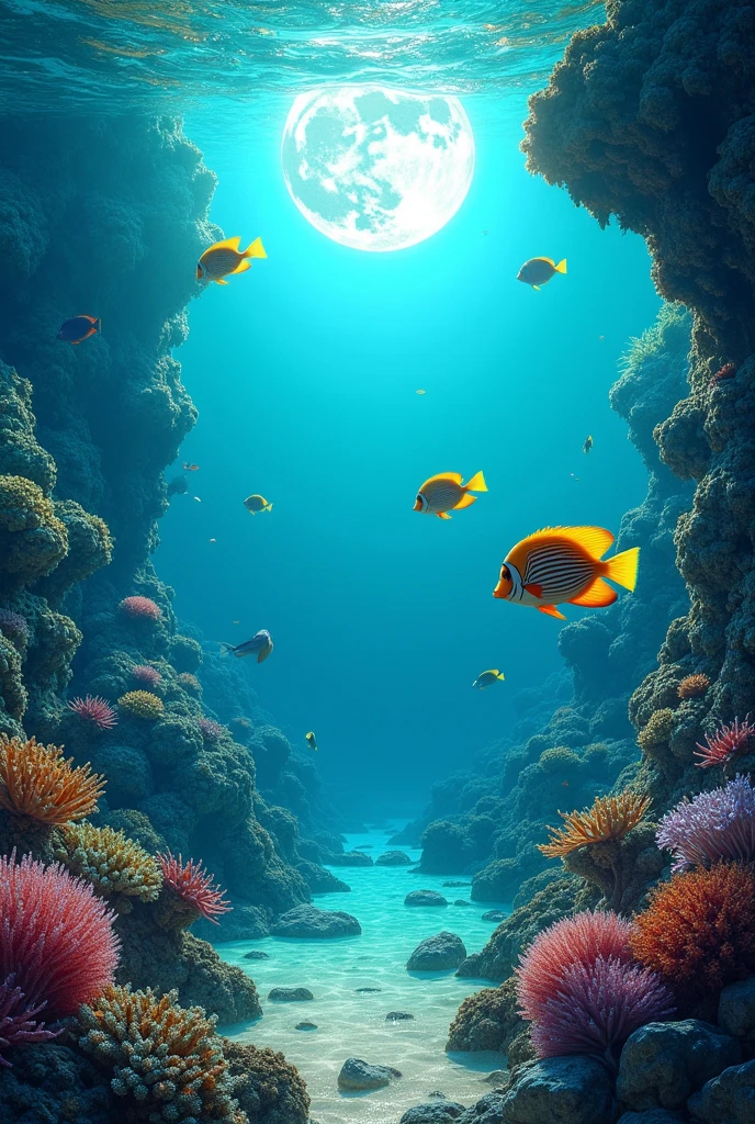 high resolution、high quality、Real、Realistic、Realな質感、Realistic、full moon、The clear sea、tropical fish、coral、Seaweed、