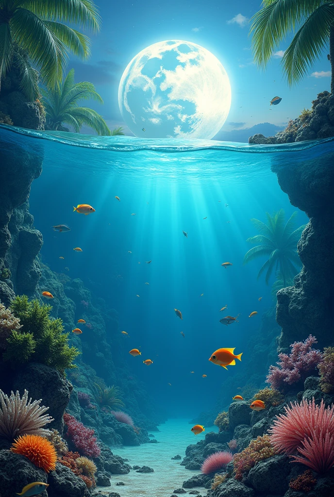 high resolution、high quality、Real、Realistic、Realな質感、Realistic、full moon、The clear sea、tropical fish、coral、Seaweed、