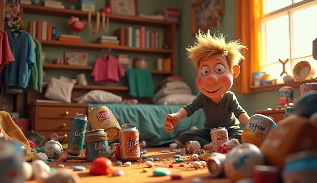 Im Stil von Pixar 3D-Animation filmen (Caricature). A messy room of a man with short blonde hair. There are clothes, Beverage cans, Leftover food and packaging waste.