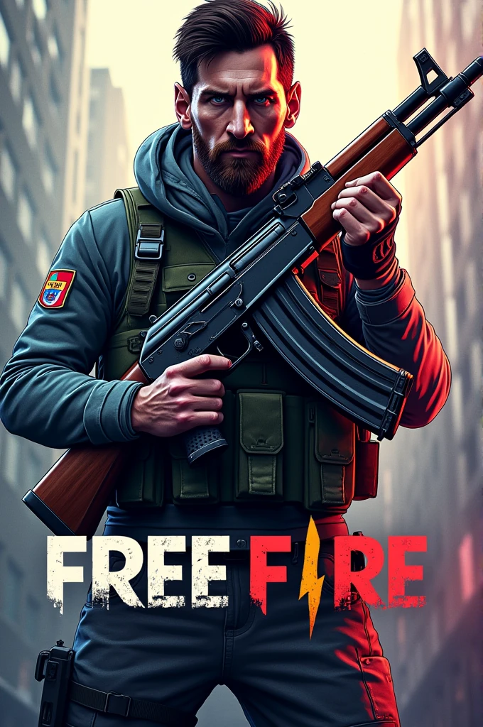 Logo of messi collaboration with free fire caring AK-47 in solder  
When you write free fire then down write MESSi